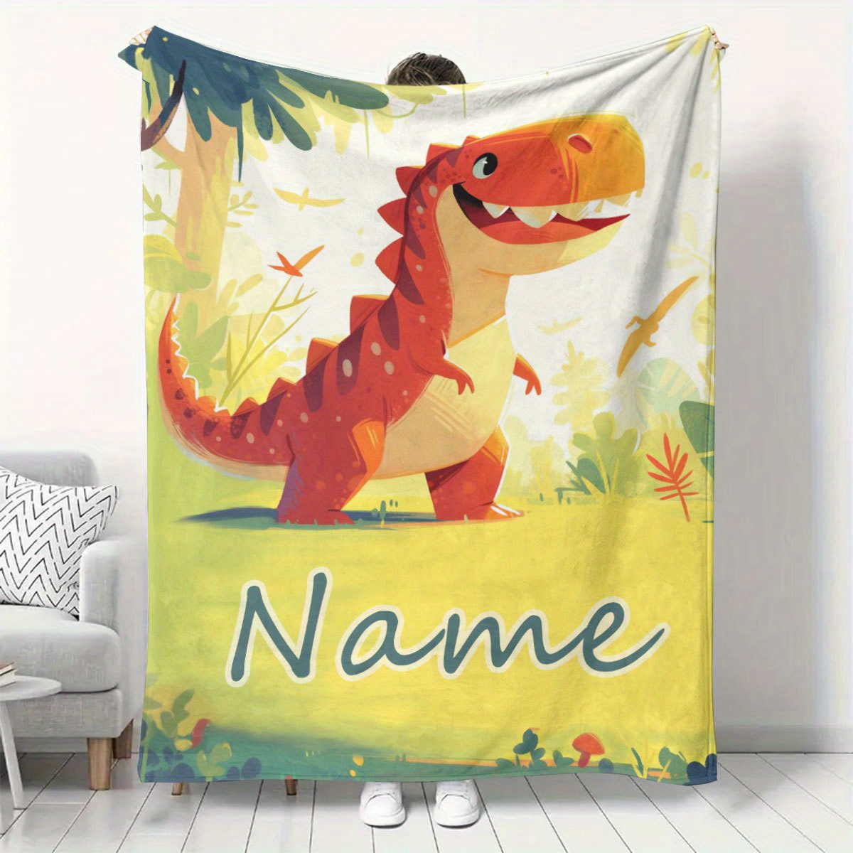 

Custom Name Personalized Cute Cartoon Dinosaur Themed Flannel Blanket - Soft, Lightweight, Warm For Sofa, Bed, Outdoor - Ideal Gift For , Bedroom & Playroom