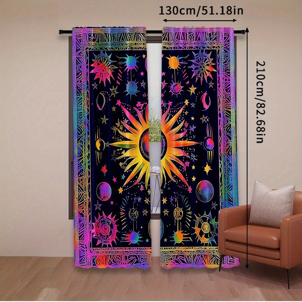 TEMU 2pcs Boho Door Curtains Sun Moon For French Door Hippie Bohemian Suitable For Bedroom Bathroom Living Room Dining Room A 29.53x65.35in,