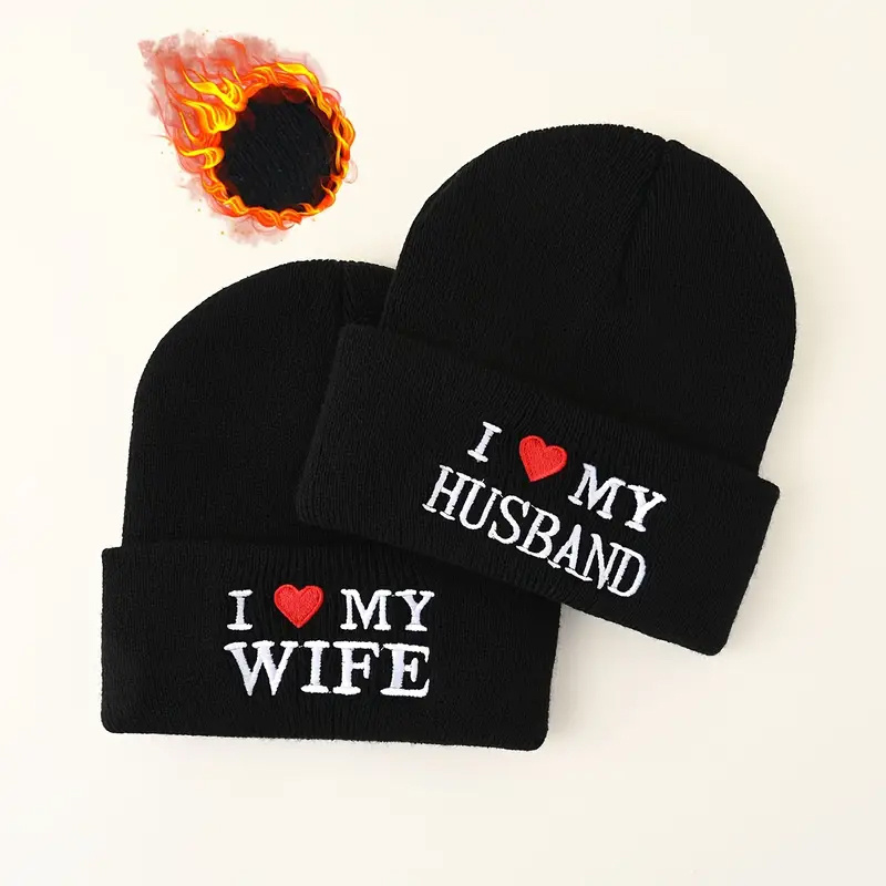 

2-pack Romantic Acrylic Knitted Beanies With "i Love My Husband" And "" Embroidery - Unisex Warm And Outdoor Caps