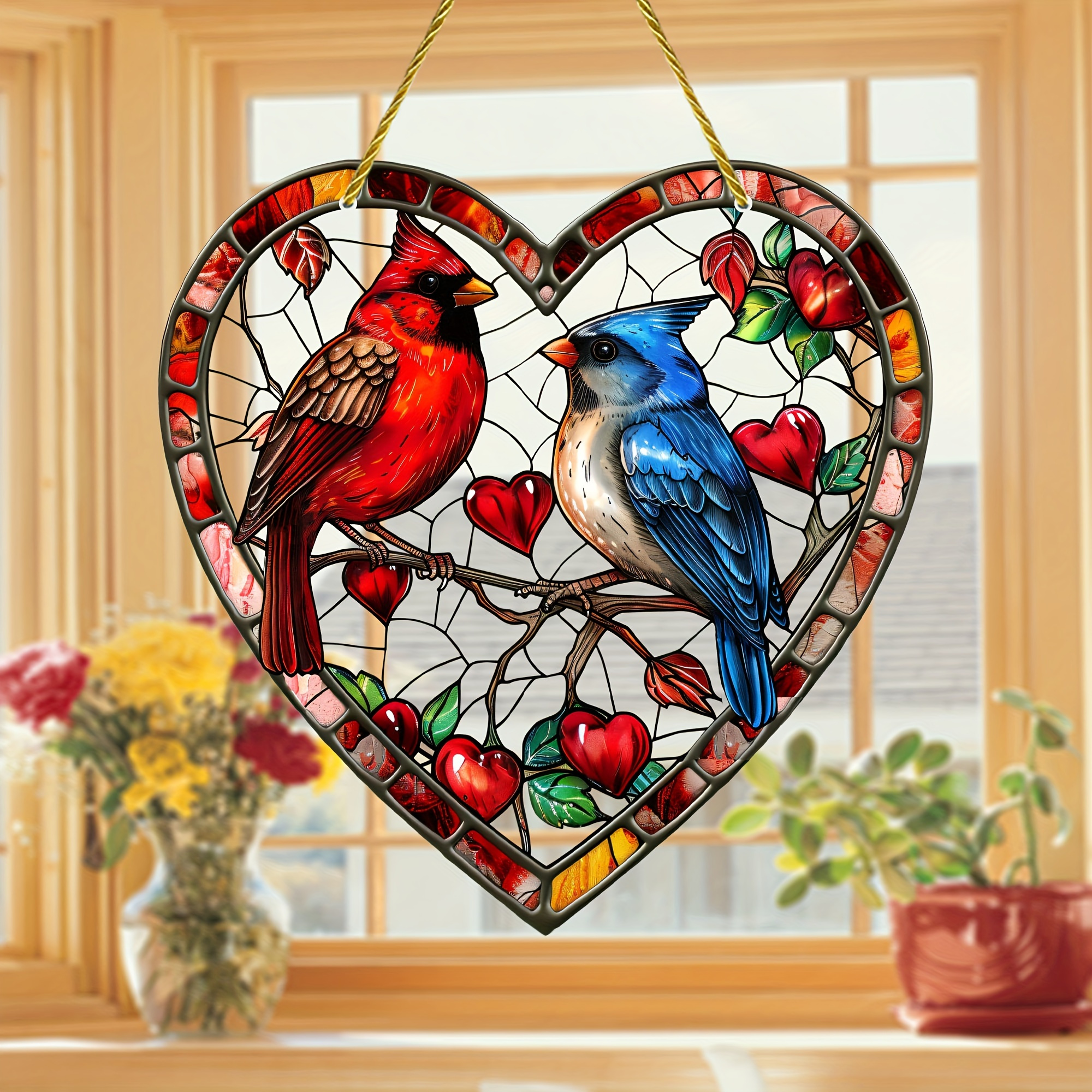 

Vibrant Red & Bird Suncatcher - 8"x8" Heart-shaped Stained Acrylic Window Hanging For Home, Garden, And Room Decor - Perfect For Housewarming, Valentine's Day, And Festive Celebrations