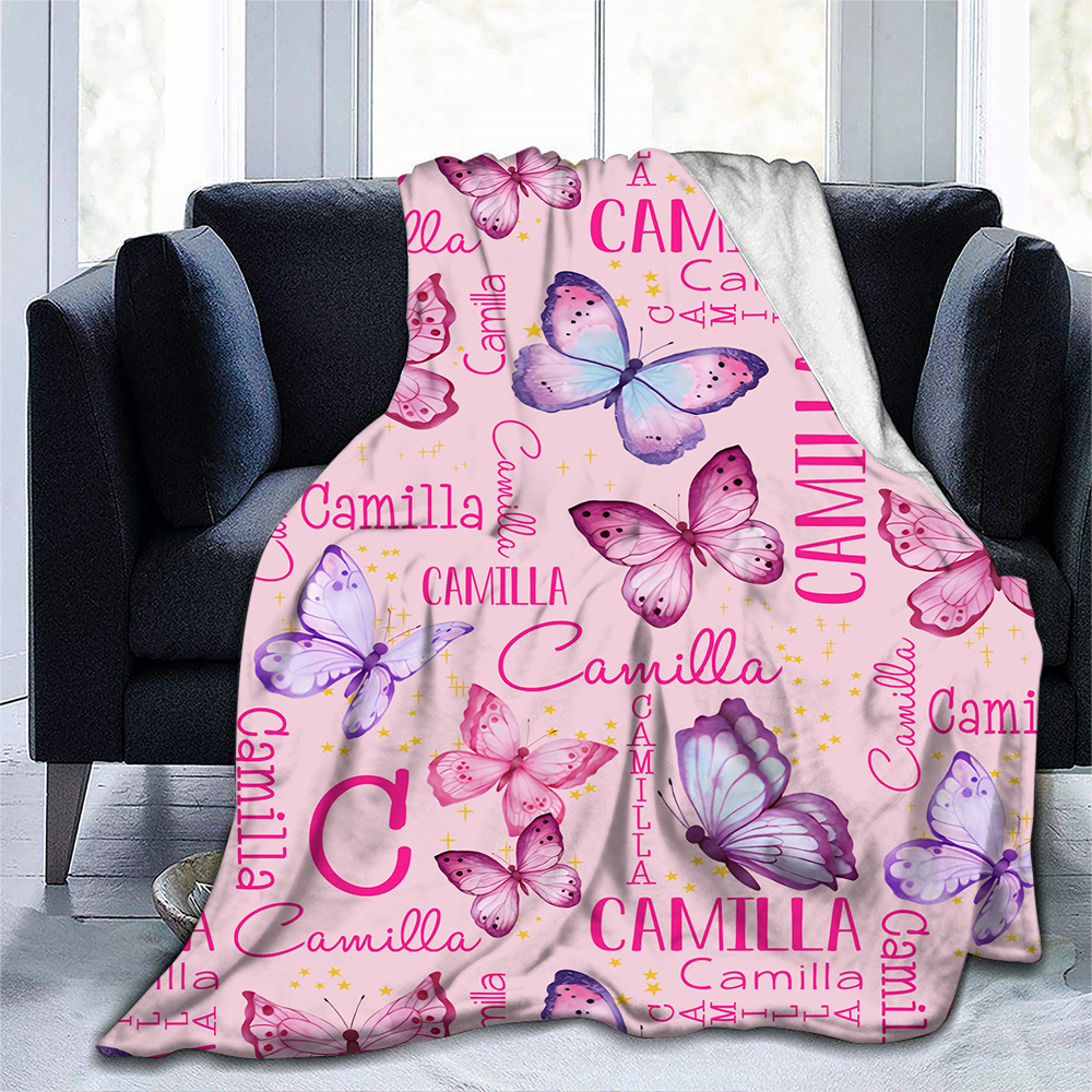 

Personalized Butterfly & Star Flannel Blanket - Custom Name, For All - Perfect Gift For Birthdays, Christmas, Valentine's Day - Ideal For Bedroom, Office, Couch, Camping & Travel