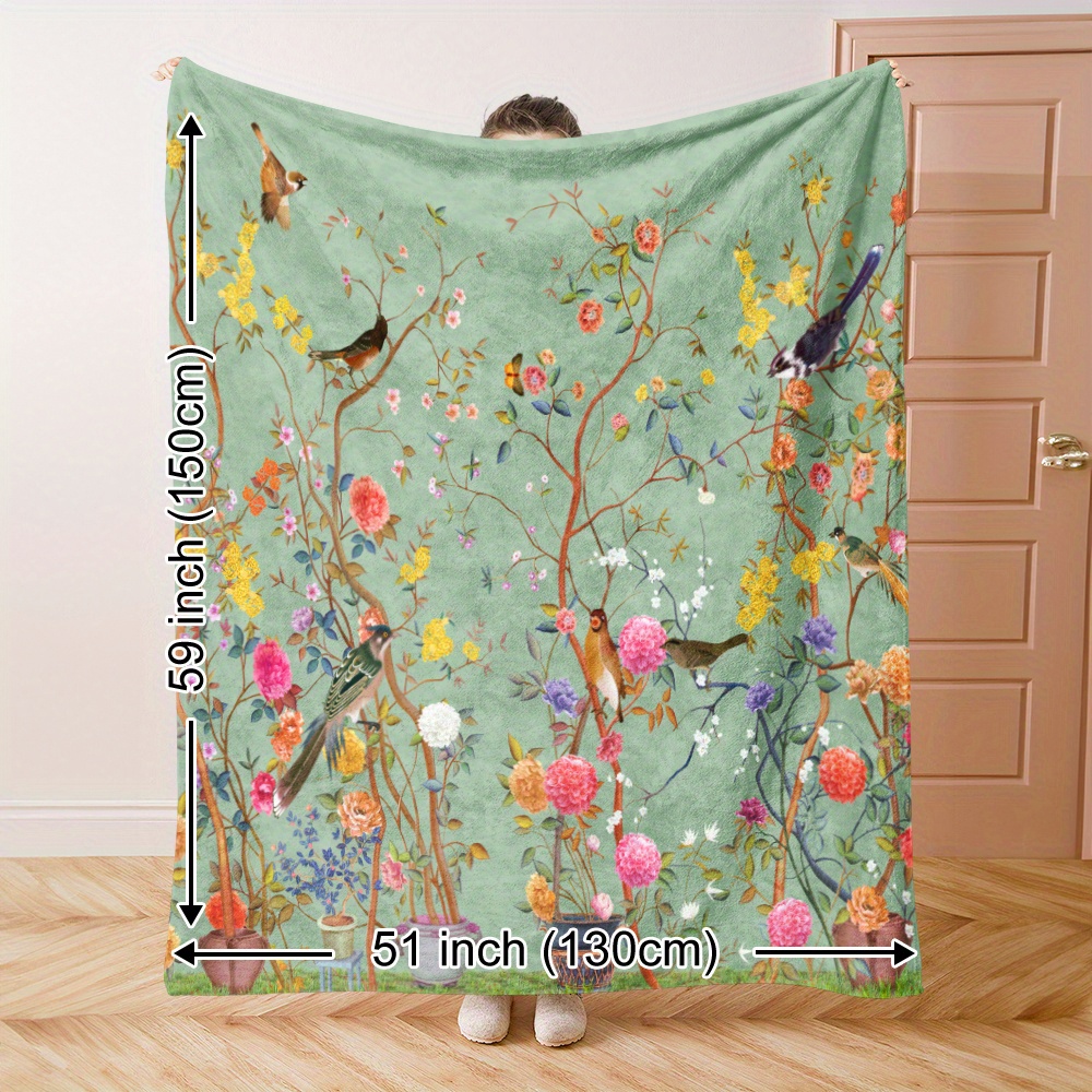 

Floral And Bird Pattern Flannel Throw Blanket - Knitted Polyester, Quilted , , All Blanket For Home, Office, Travel, Camping - Contemporary Style Decor