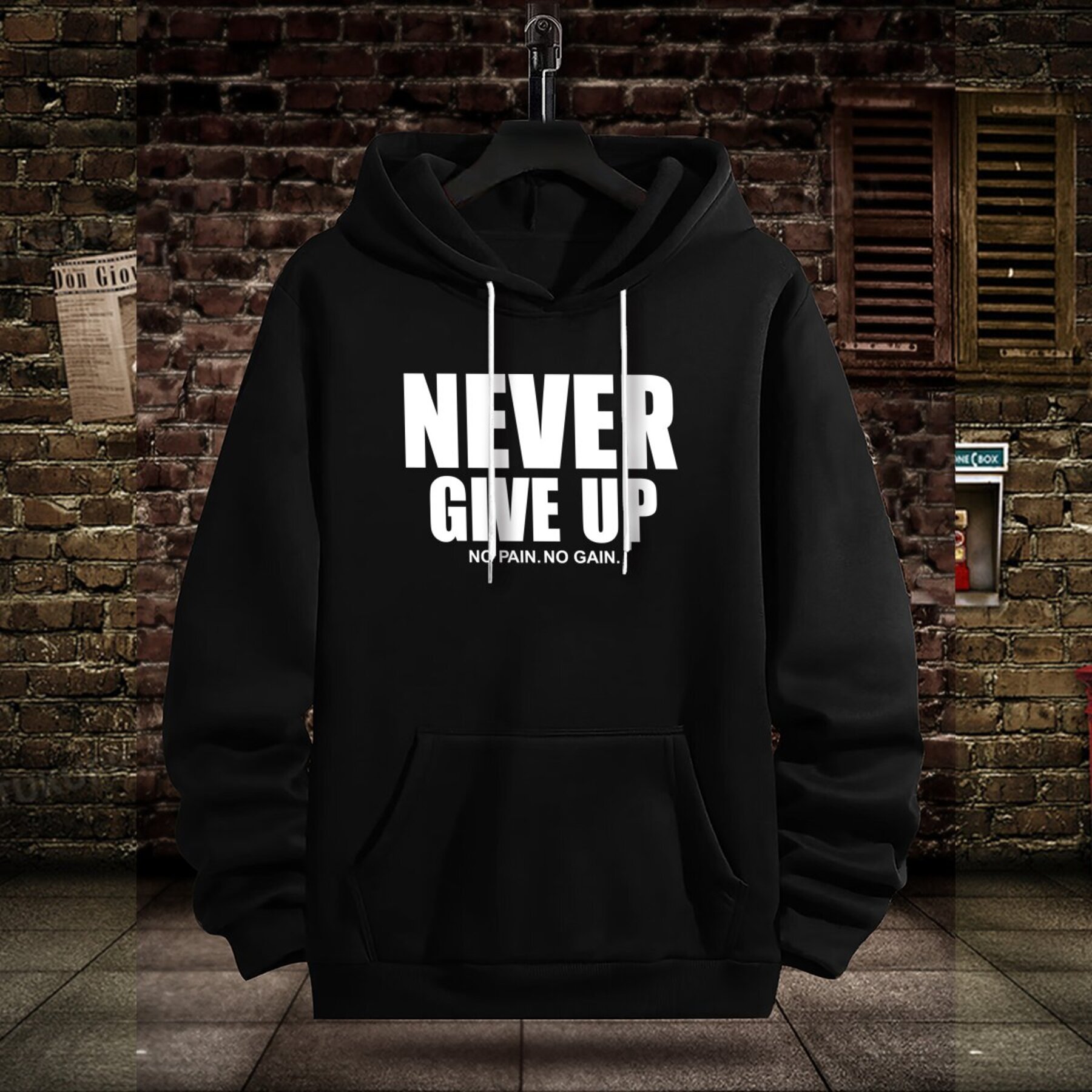 

Never Give Up Print Hoodie - Polyester Knit Fabric Sweatshirt With Hood, Casual Style, Regular Fit, No Detail, Slight Stretch, For Men, Fall/winter Collection