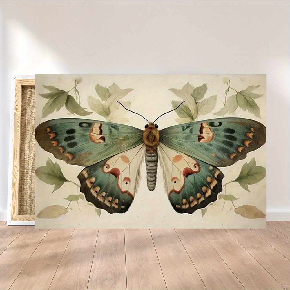 

1 Pc Wooden Framed Vintage Bohemian Sage Green Moth Canvas Painting (1)thickness 2.25cm/ 0.9inch Wall Art Prints Poster Wall Picture Decor For Home Gifts, Living Room, Bathroom, Bedroom, Kitchen