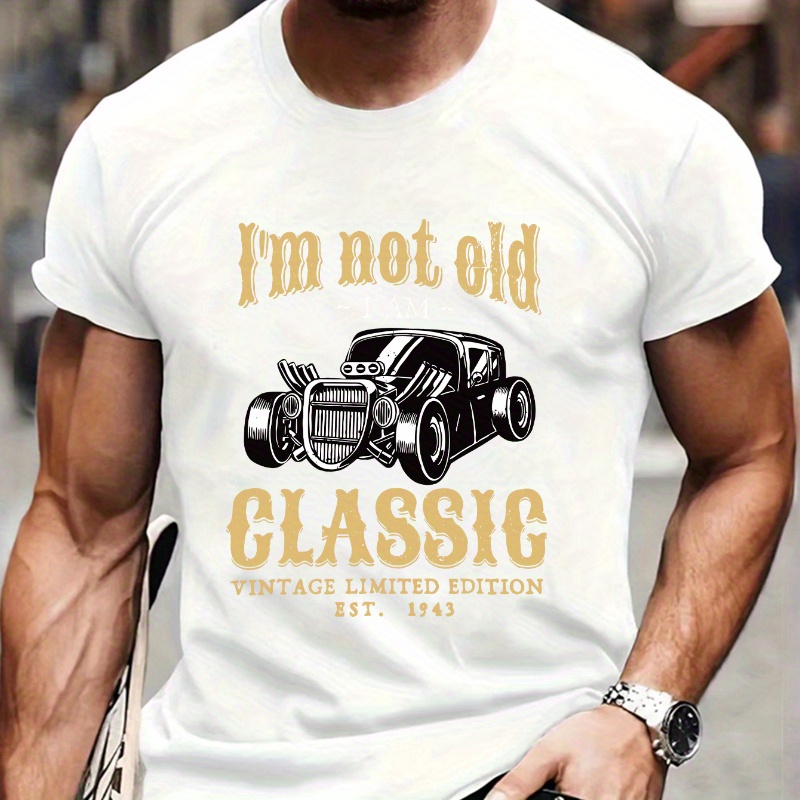 

Men's Classic Car Print T-shirt, 100% Cotton, Casual Short Sleeve Crew Neck Tee, Vintage Limited Edition 1943, Summer Fashion Top For Outdoor & Home Wear