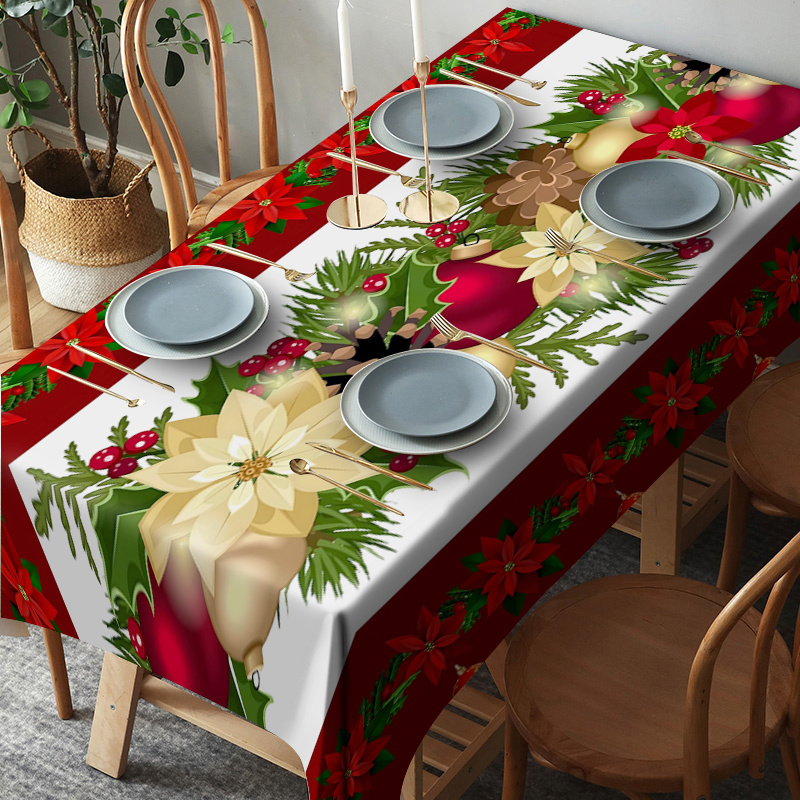 

Christmas Floral Pine Needle Red Berry Print Tablecloth - 1pc Polyester Rectangular Woven Table Cover, Machine Made, Oil And Dust Resistant, Reusable For Indoor And Outdoor Holiday Party Decorations