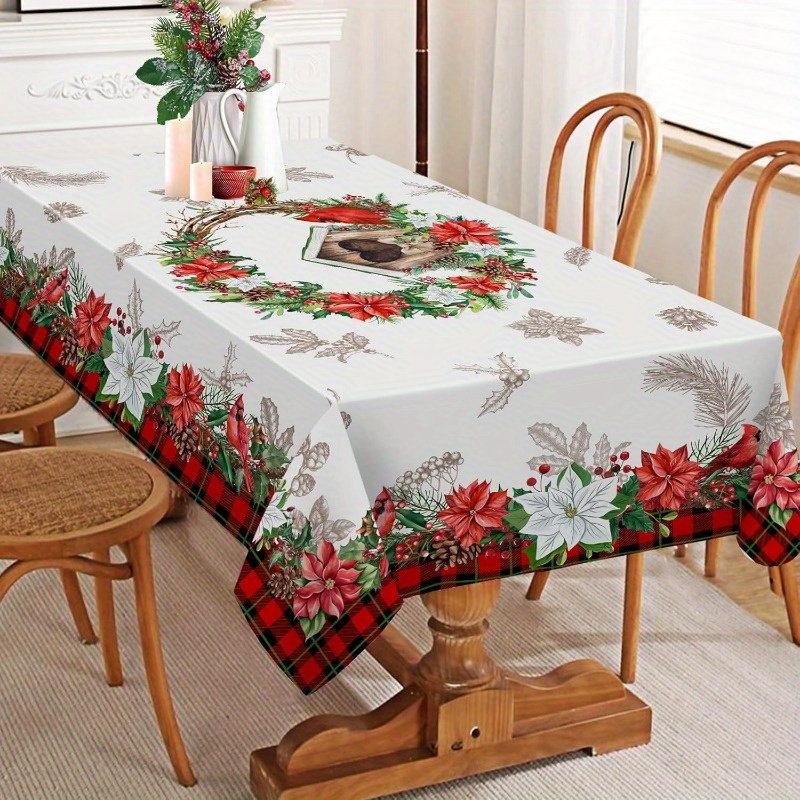 

Christmas Red Floral & Buffalo Plaid Tablecloth - Perfect For Holiday Parties, Kitchens & Dining Decor, Rectangular Polyester Cover