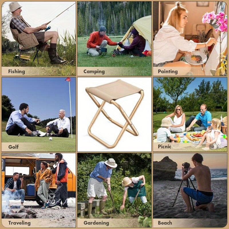 portable folding stool   metal square shape foldable chair for camping fishing outdoor picnics   lightweight easy to carry and use without electricity brown details 6