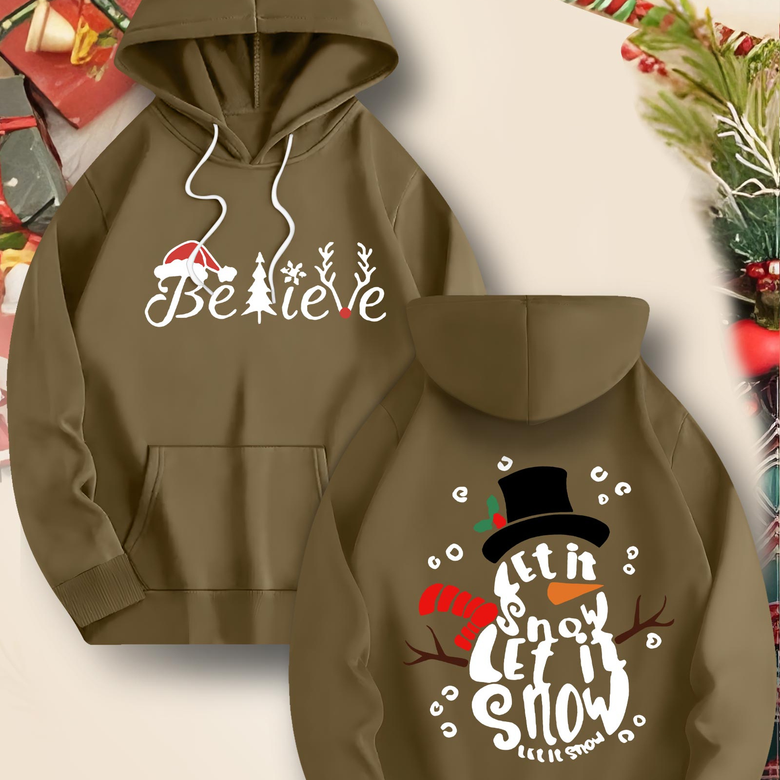 

Snow Graphic Print, Men's Plus Size Cozy Drawstring Long Sleeve Sweatshirt Hoodies With Kangaroo Pocket, Men's Comfy Casual Pullover Hoodies For Daily Wear