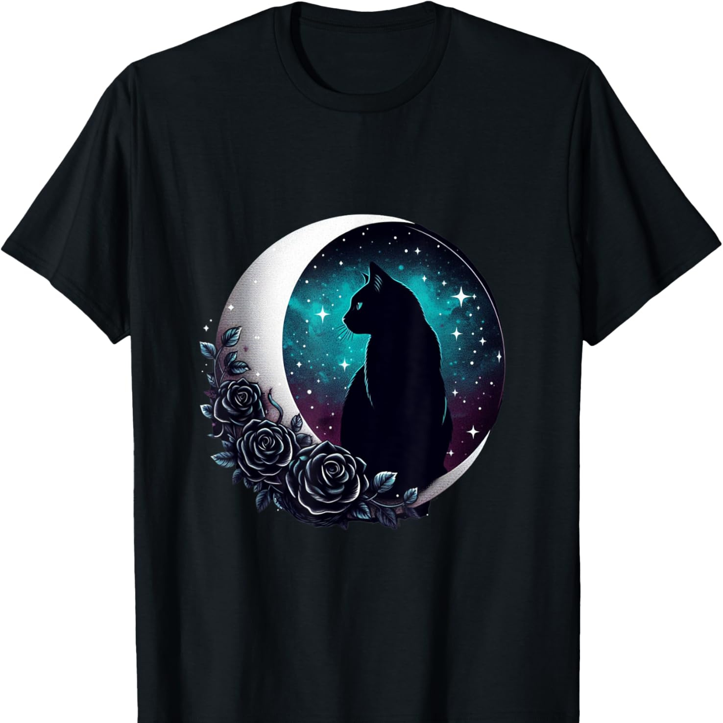 

Black Cat With Stars And Roses Pure Cotton Interesting Design Diy Short Sleeve T-shirt For Men, Soft And Breathable, Suitable For All , Comfortable, Casual And Sports, Halloween And Christmas Gifts