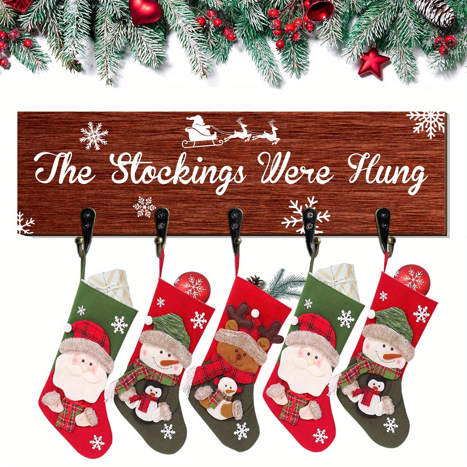 

Merry Christmas Wooden Stocking Hanger Set With 5 Hooks - Snowflake & Elk Design For Mantel Decor, Easy Install Wall Mount, Perfect For Holiday Celebrations