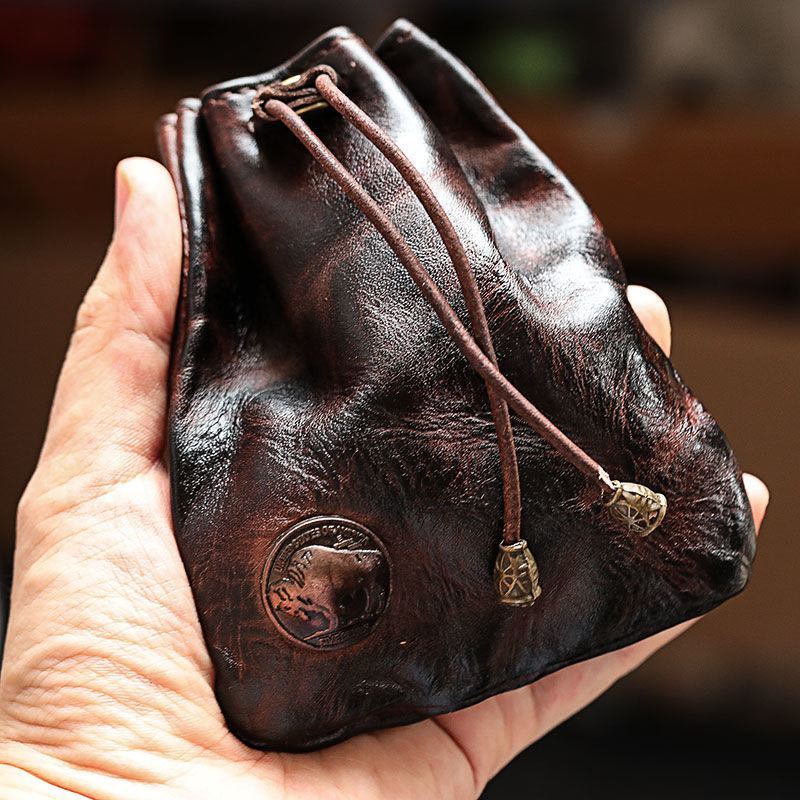 TEMU 1pc Genuine Leather Coin Bag | Drawstring Closure, Mixed Color, Punk Style, Ideal For Valentine's Day Gift, Suitable For Men And Women