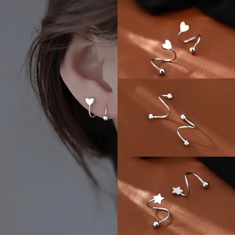 

Set Of 6 Minimalist Spiral Star And Heart-shaped Stainless Steel Earrings, Exuding An Elegant And Sexy Style For Women's Daily Casual Wear.