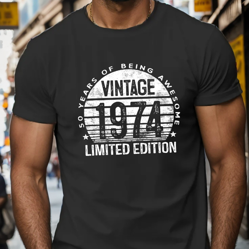 

Men's Vintage 1974 Print T-shirt, 100% Cotton, Casual Short Sleeve Crew Neck Tee, Summer Fashion Top For Outdoor & Home, Regular Fit, Geometric Pattern, Adult Size