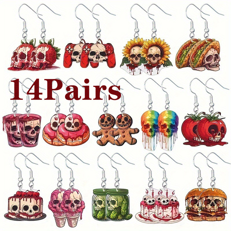 

14 Pairs Gothic Pendant Earrings Set, Punk Style Earrings Set For Women And Men, Themed Gift &