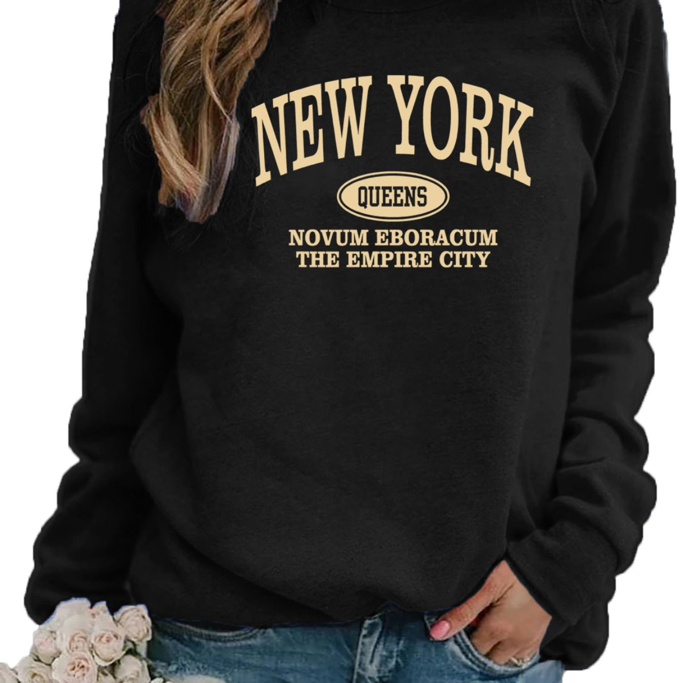 

Women's Casual Crew Neck Sweatshirt With Letter Print - Long Sleeve, Cotton , Machine Washable - Fall & Spring