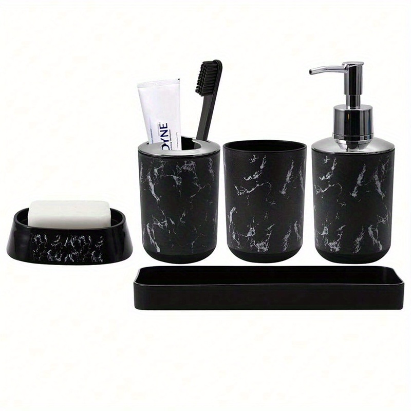 Marble Patterned Bathroom 5pcs Set, Including Mouthwash Cups, Toothbrush Holder, Soap Dispenser, Soap Box, And Tray