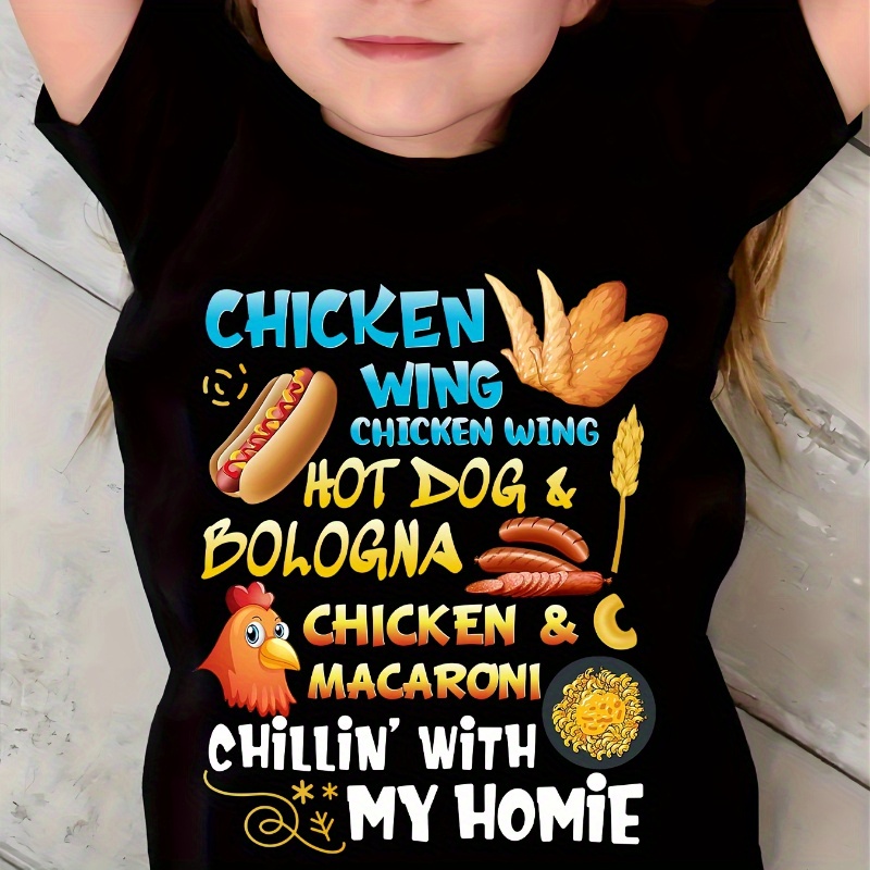 

Summer Casual Soft Short Sleeve T-shirt For Girls, Chicken Hot Dog Print, Machine Washable, Suitable For 12 Years Old And Below