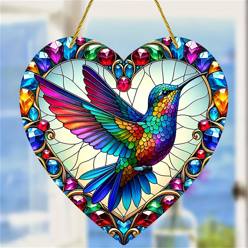 

Charming Hummingbird Heart-shaped Suncatcher - Acrylic Wall Art & Stained Window Hanging Decor, Perfect For Bedroom & Living Room, Indoor & Outdoor Universal