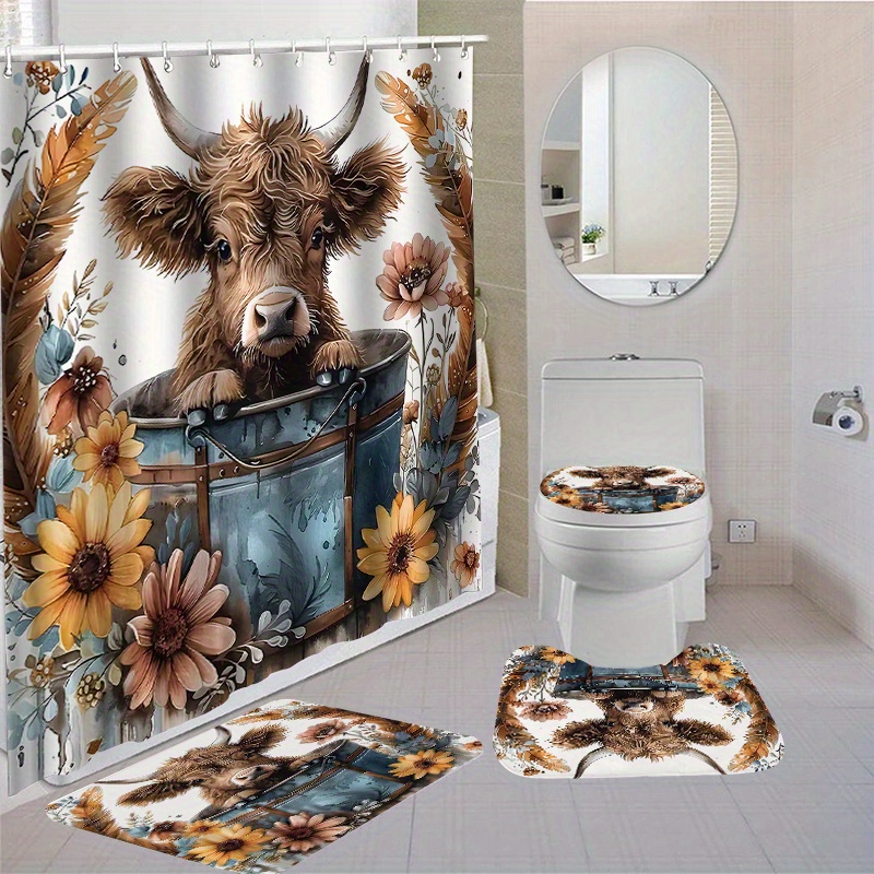 

Highland Cow Shower Curtain Set With 12 Hooks - Polyester Waterproof Bathroom Decor, Woven Accessories With Non-slip Mats And Toilet Cover, Dry Clean Only Highland Cattle Theme