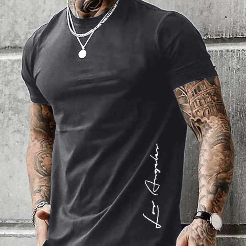 

T-shirt à motif géométrique pour homme, 100 % coton, col rond décontracté, légèrement extensible, coupe standard, haut en tricot pour adulte, été