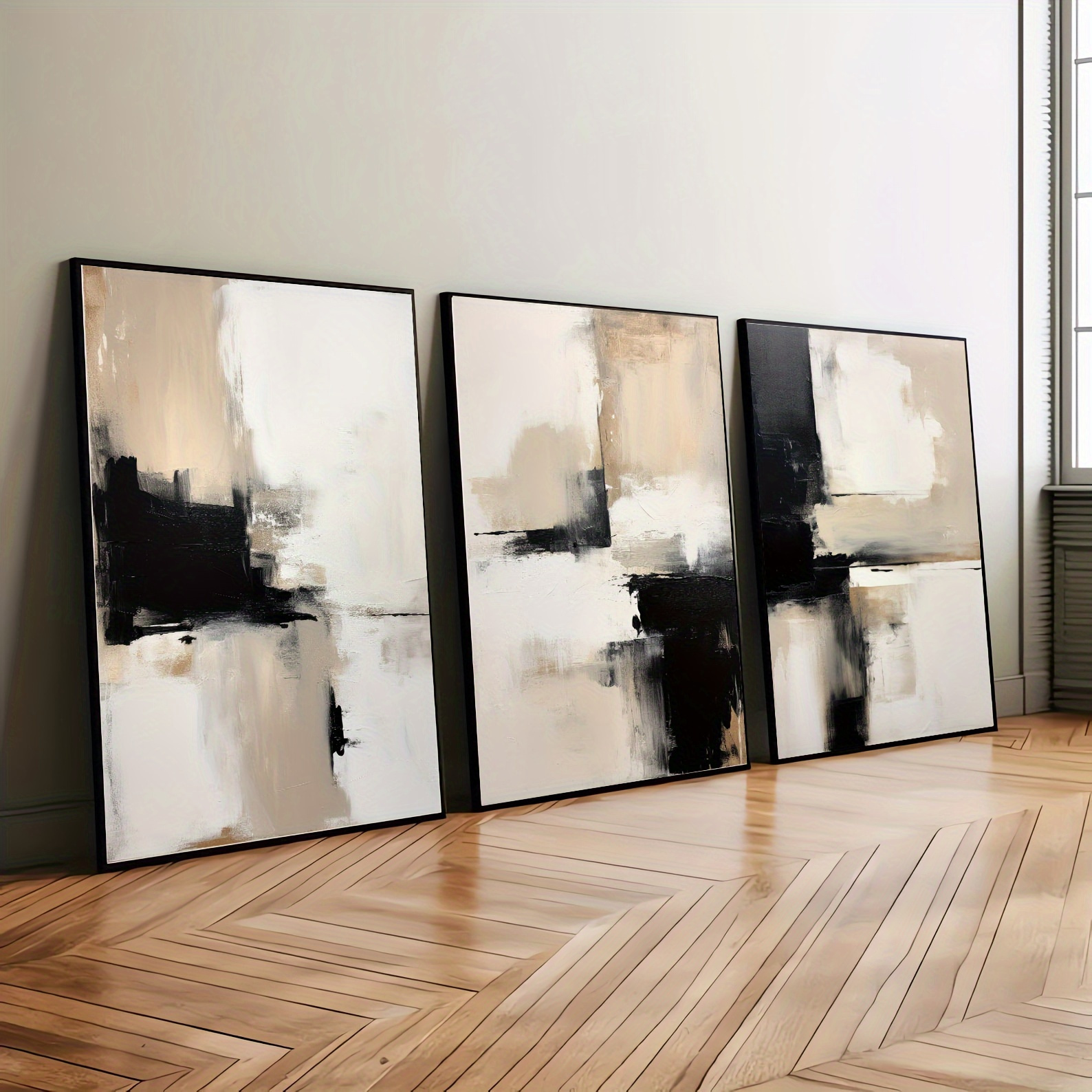 

Set Of 3 Contemporary Abstract Art Painting Black Beige Minimalist Wall Wrapped Canvas Canvas Print Modern Home Living Room Bedroom Office Room Decoration (wrapped Canvas)