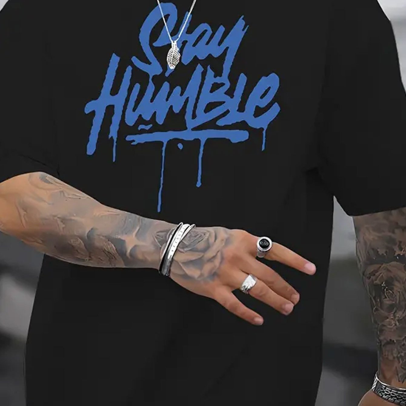 

100% Cotton T-shirt, Men's Casual Novelty T-shirt, " " Blue Lettering Print Short Sleeved
