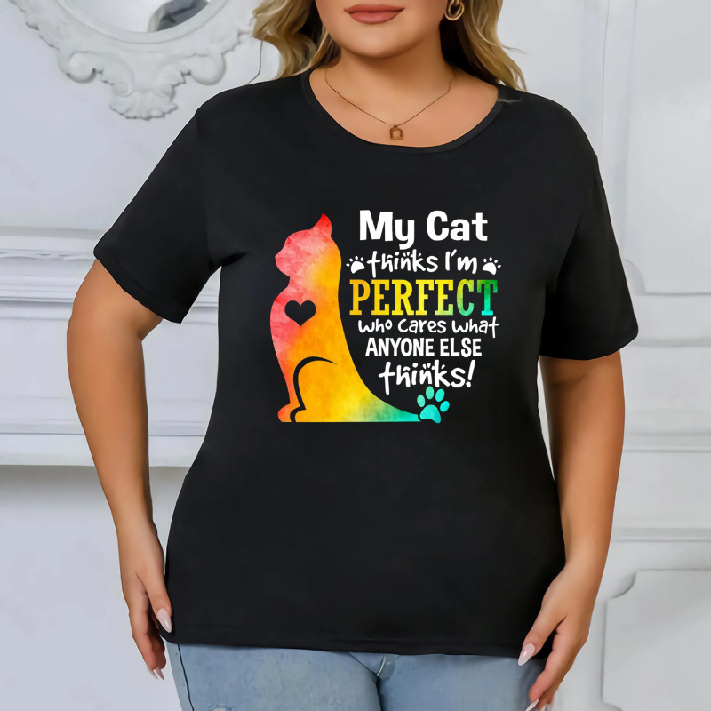 

Plus Size Women's Cat Graphic T-shirt, Polyester , Casual Crew Neck, Short Sleeve, Slight Stretch, Geometric Pattern, Knit Fabric, For Spring/summer