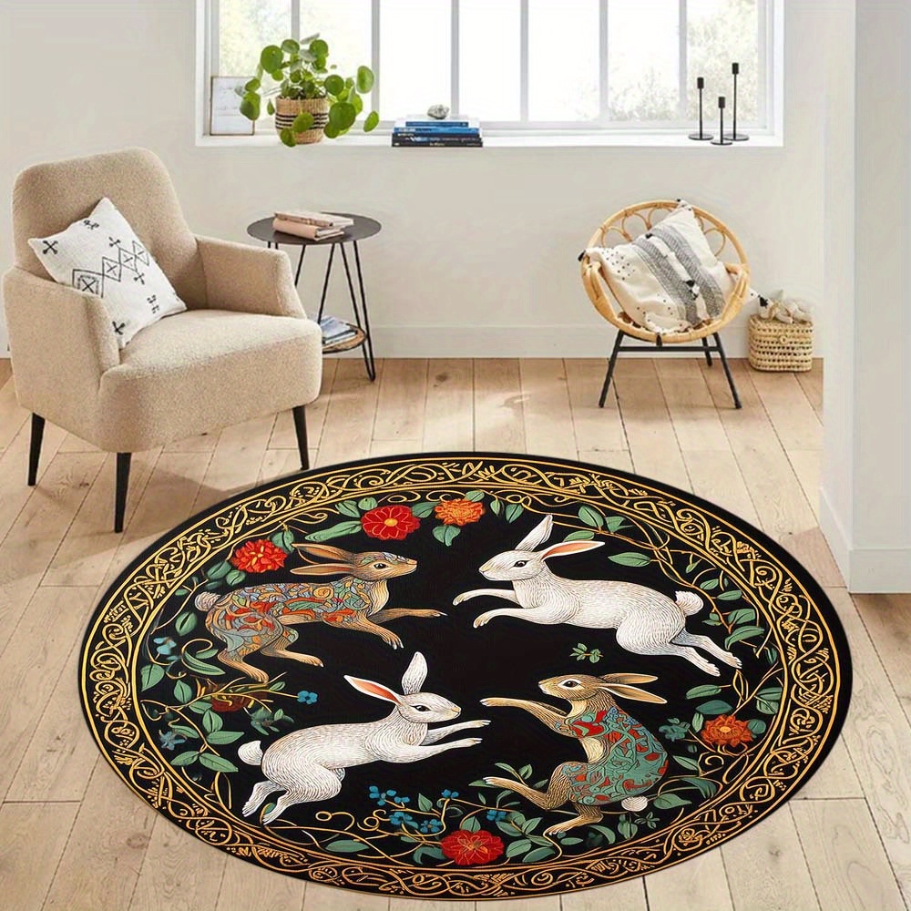 

Rabbit Design Round Area Rug, 100% Polyester, Hand Wash Only, Indoor Use, Decorative Floor Mat For Living Room, Bedroom, Game Room - 800g/m² Crystal Velvet, 0.45cm Thickness