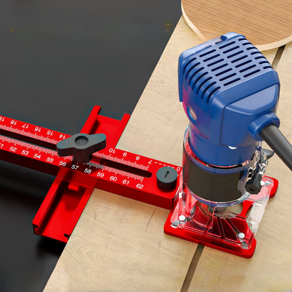 

3-in-1 Aluminum Router Table Jig For Woodworking - Precision Cutting & Milling Tool With Adjustable Bracket, Red Base, And Clear Acrylic Guide - Ideal For Diy