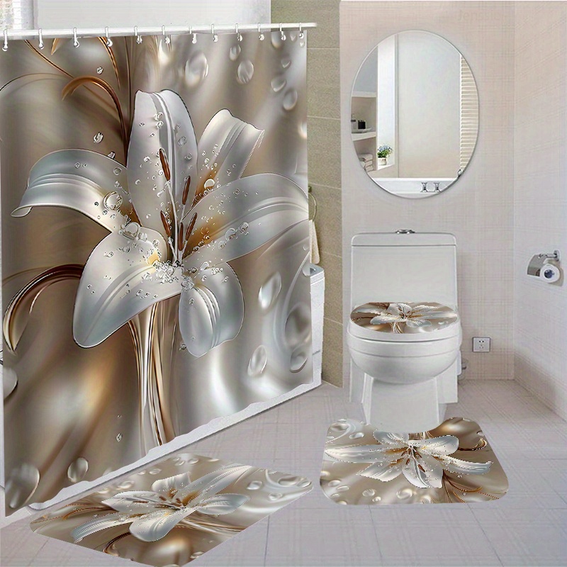 

Luxurious Lily Shower Curtain Set With 12 Hooks: Toilet Seat Cover, Bath Mats, And Rugs - Non-slip, Polyester, Washable, And Waterproof - Perfect For Your Bathroom