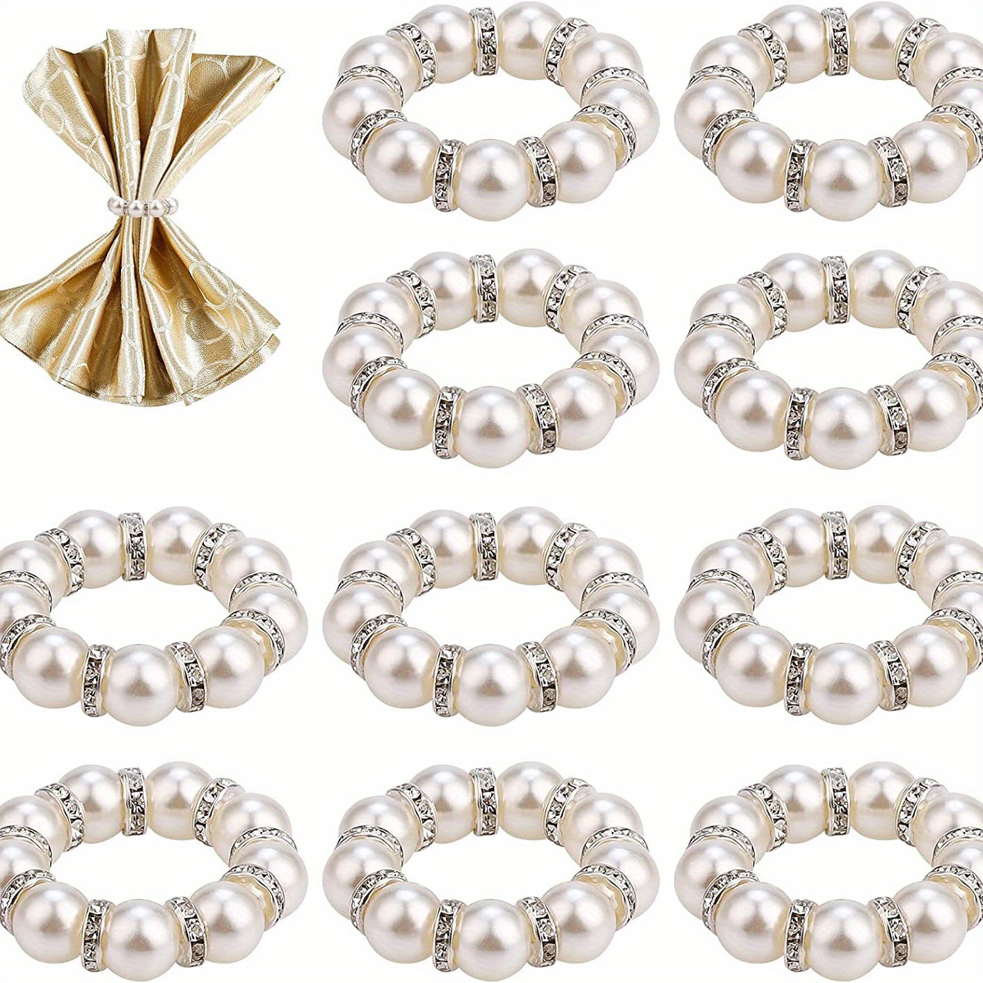 TEMU 24pcs Silvery Pearl Napkin Rings Weddings Beaded Napkin Rings Holder Stretched Pearl Simulation Serviette Rings Elastic Spring Napkin Rings For