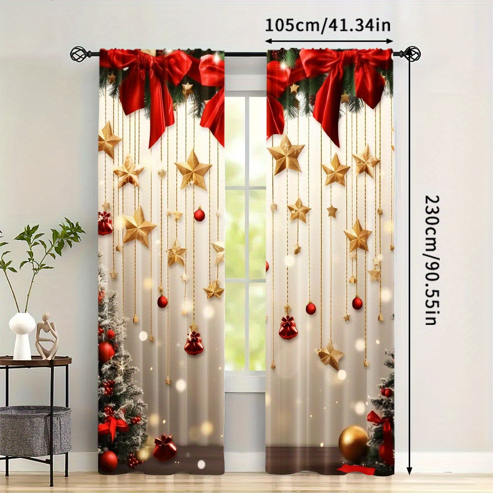 TEMU 2pcs Set Of Christmas Branch Curtains - Rod For Hanging, For Bedroom, Room &