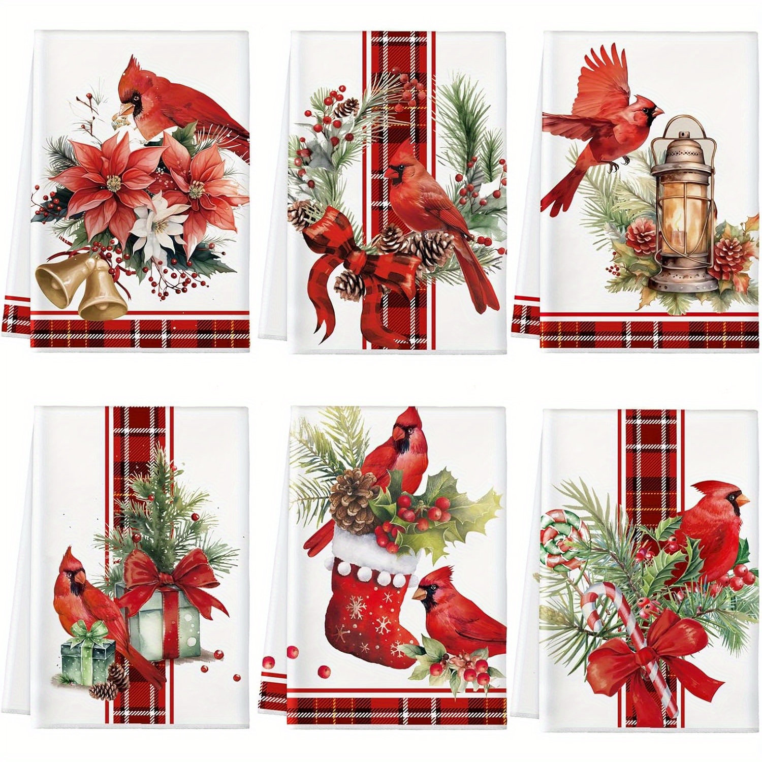 

6-pack Christmas Kitchen Towels With Birds, , And Pine Cones - Modern Polyester Dish Cloths, Machine Washable, Super Oblong Cartoon Towel Set For Kitchen, Bathroom, Hotel, Home Decor - 18x26 Inches