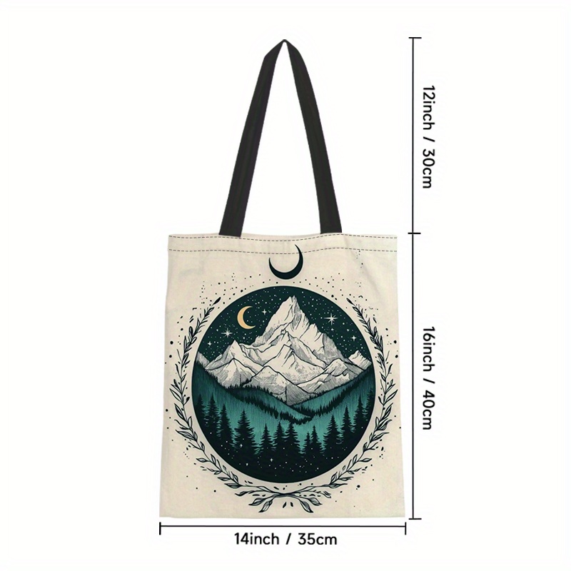 TEMU 1pc Starlight City Canvas Tote Bag - Lightweight, Foldable & Stylish With Mountain & Night , Perfect For Vacation, Shopping & Book Lovers,