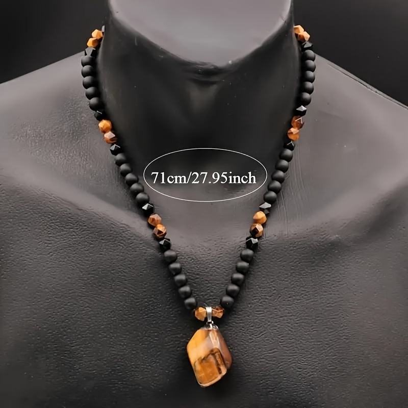 

8mm Natural Stone Men's Tiger Eye Pendant Necklace - Adjustable Black Agate Beaded Long Chain Necklace For Men - Give Him Unique Christmas Gift Ideas