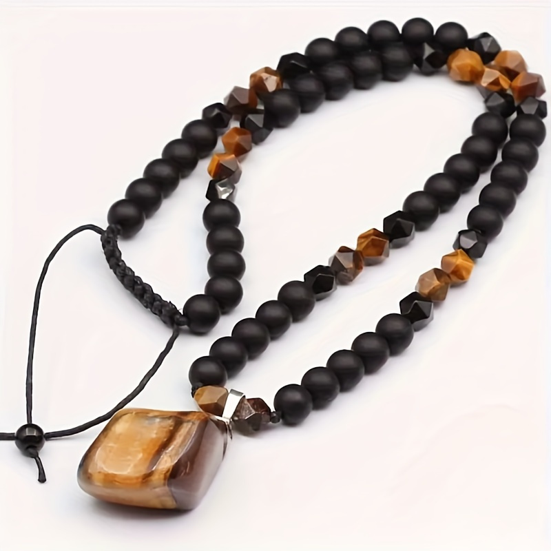 TEMU 8mm Natural Stone Men's Tiger Eye Pendant Necklace - Adjustable Black Agate Beaded Long Chain Necklace For Men - Give Him Unique Christmas Gift Ideas