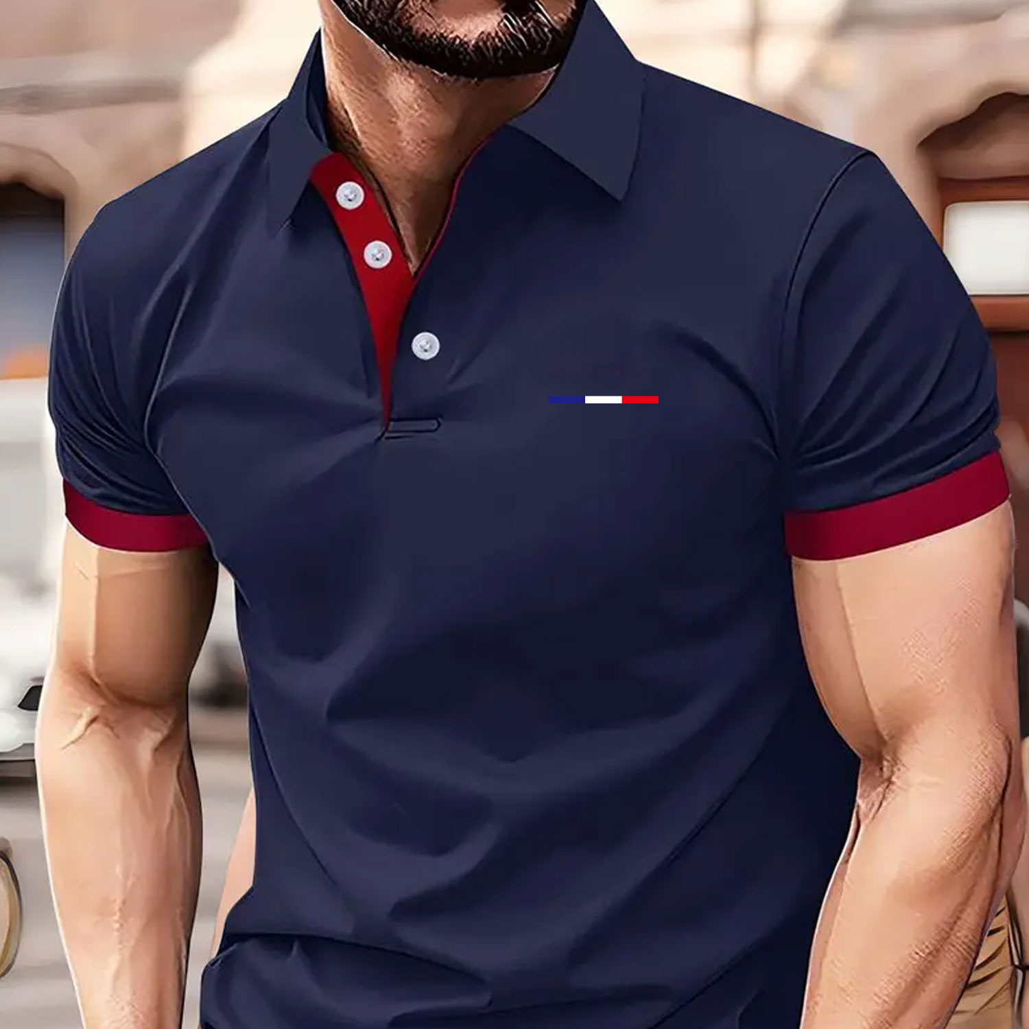 

Men's Casual V-neck Polo Shirt Short Sleeve Knit Polyester Regular Fit Summer Top With Lapel Collar, Slight Stretch, Geometric Pattern, And Button Details