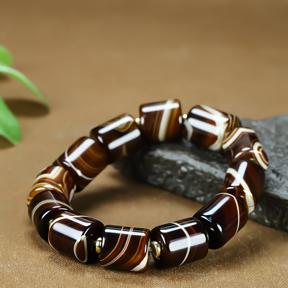 

Vintage Agate Beaded Bracelet - Barrel-shaped Polished Natural Stone Stretch Jewelry For Men And Women