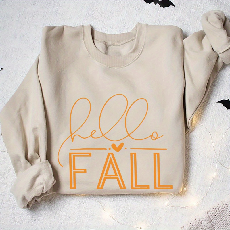 

Cozy Fleece-lined 'hello Fall' Letter Print Sweatshirt - Casual Crew Neck Long Sleeve Pullover For Women, Perfect For Fall & Winter