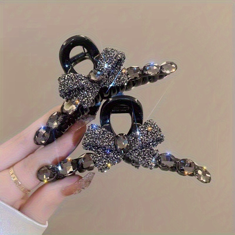 

Elegant Large Acrylic Bow Hair Clip With Sparkling Rhinestones - Chic Solid Color Accessory For Women And Girls, Hair Accessories For Girls