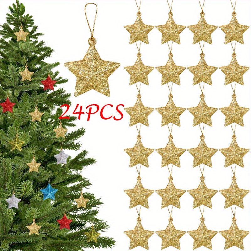 

24pcs Golden Glitter Star Ornaments, Festive Plastic Christmas Tree Pendants, No-power Needed, Home & Kitchen Holiday Decor, Christmas Party Embellishments, 2025