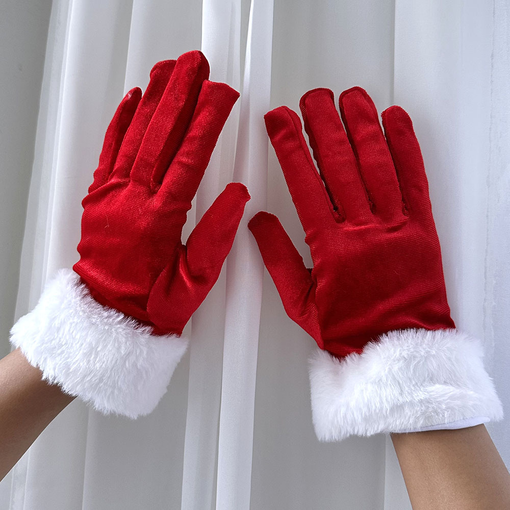 christmas gloves with faux fur trim for women elastic full finger festive party gloves solid color jacquard   decorative warm polyester gloves for winter outdoor cosplay stage photography use hand washable