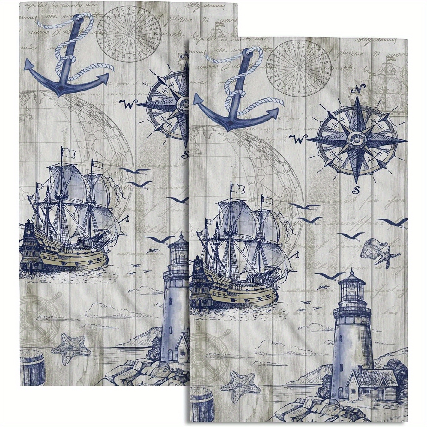 

Set Of 2 Nautical Lighthouse Hand Towels, Sailboat Decorated Bath Towels, Kitchen Dish Towels, Soft Face Towels, Home Gym, Center, 18*26 Inches