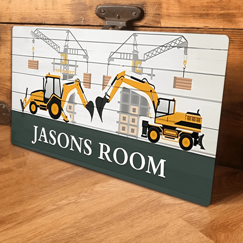 

1pc Personalized Construction Theme Metal Sign, Custom Name Bedroom Wall Art, Horizontal Contemporary Style Door Decor, Oblong Steel Design Aluminum Room Sign 6x12 Inch