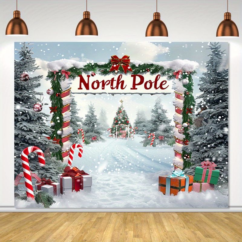 

1pc, 79x59inch Polyester Snowy Christmas Backdrop, Forest Wonderland Pine Tree North Pole Design, Festive Outdoor & Indoor Decor, No Power Needed, For Home & Party Use