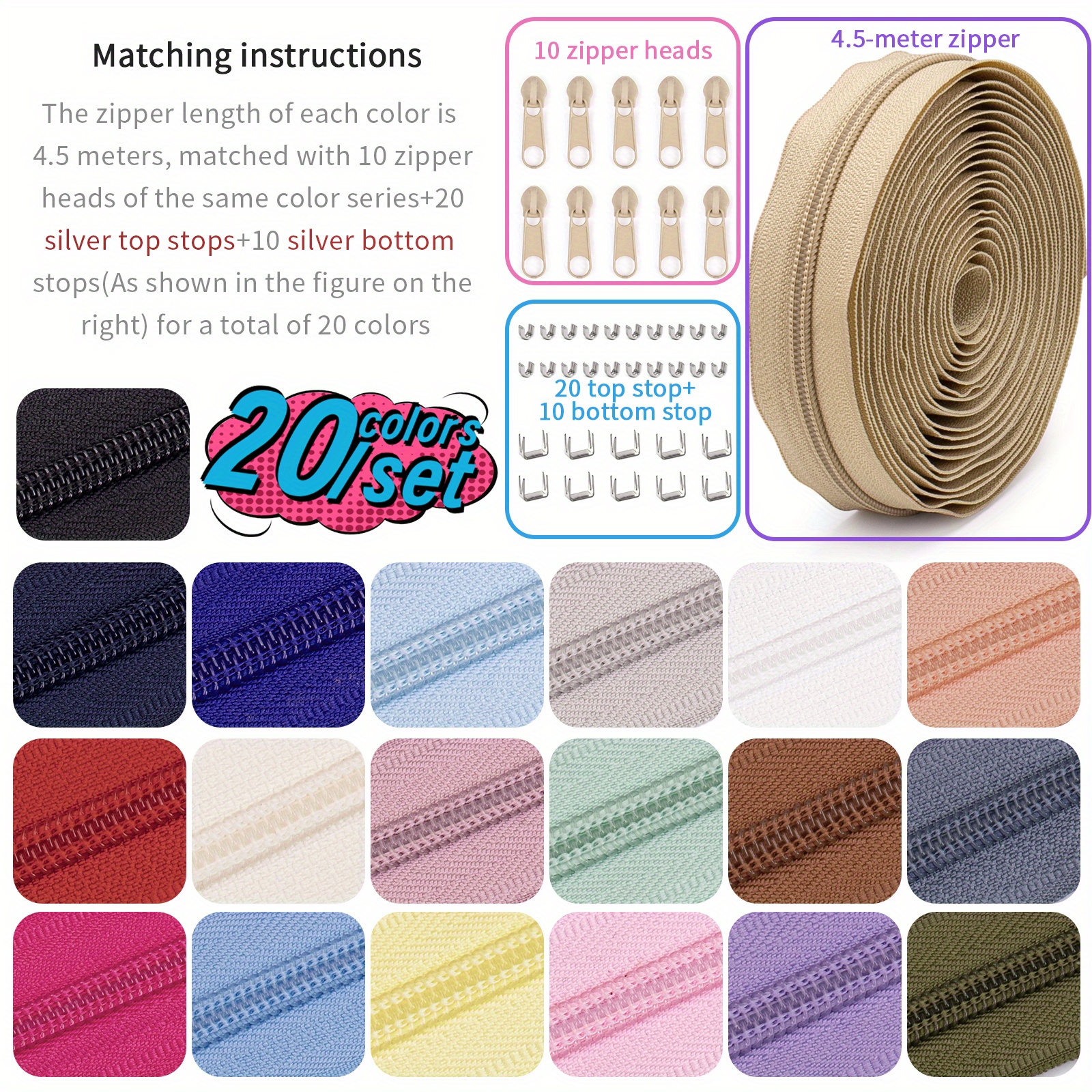 1set nylon large combination 20 colors zipper - Temu