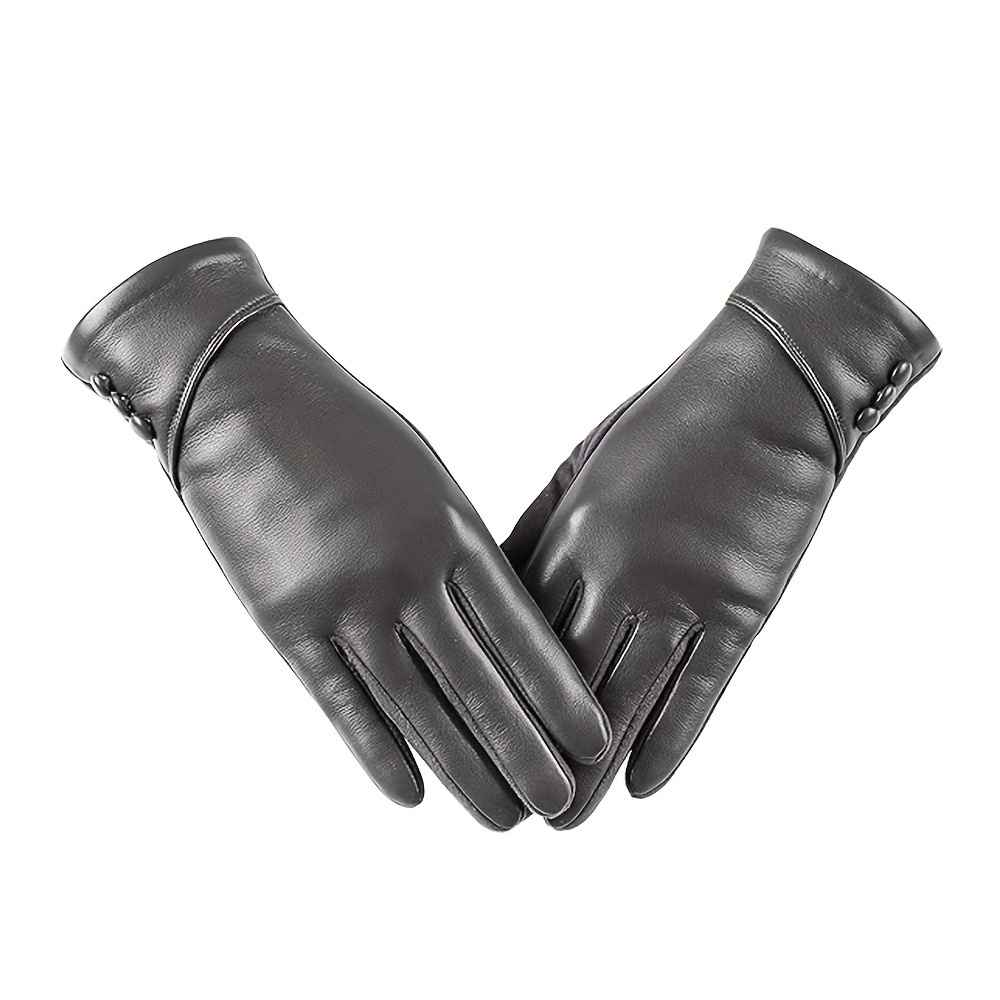 Damenhandschuhe mit drei Knpfen Samtfutter, monochromes Lederdesign  (Rckseite Leder), kurzflorig gefttert, weich warm, Touchscreen-tauglich,  ideal fr Herbst Winter