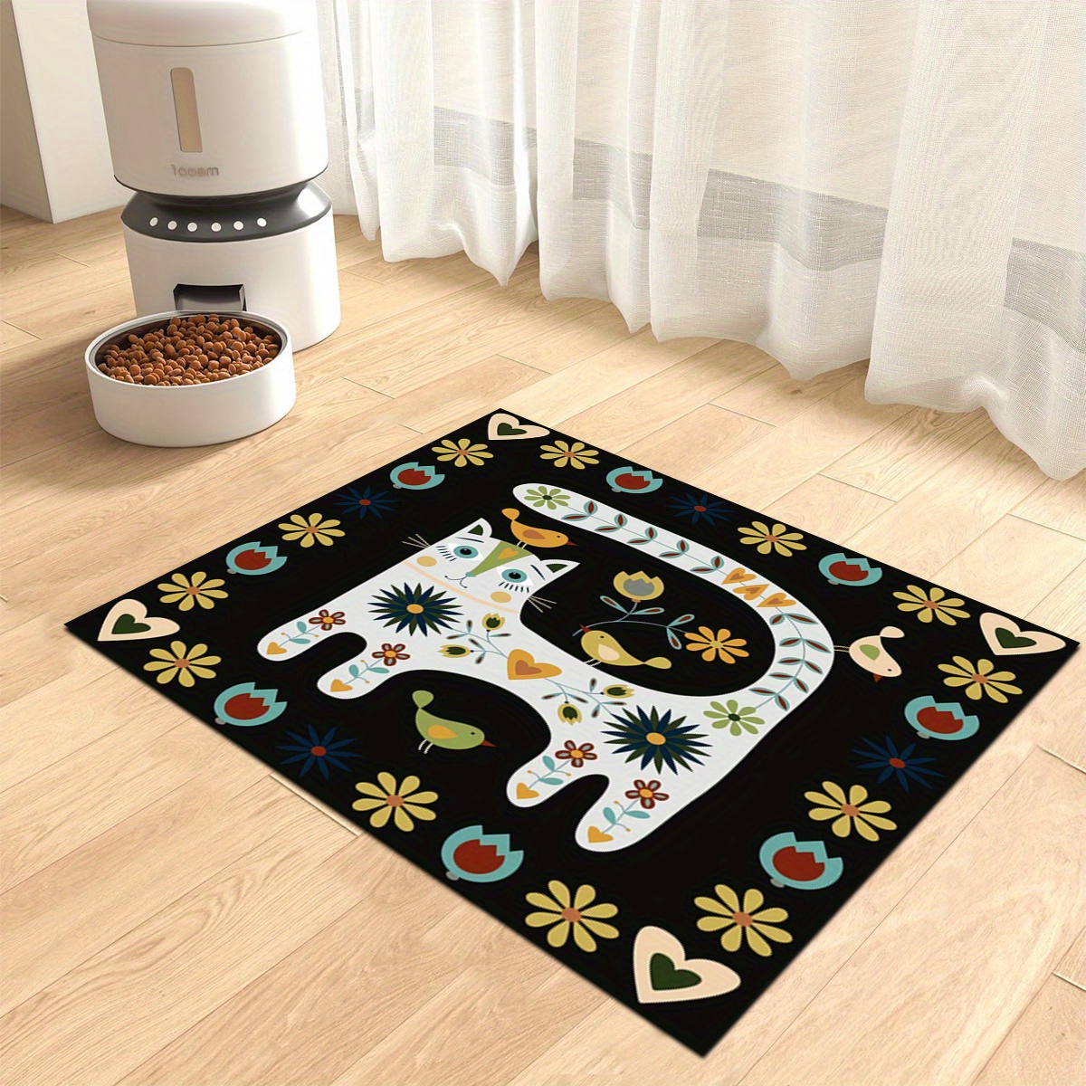 

Floral Cat Feeding Mat - Non-slip, Quick-dry Polyester Pet Placemat For Food & Water Bowls, Stain-resistant Home Decor Accessory