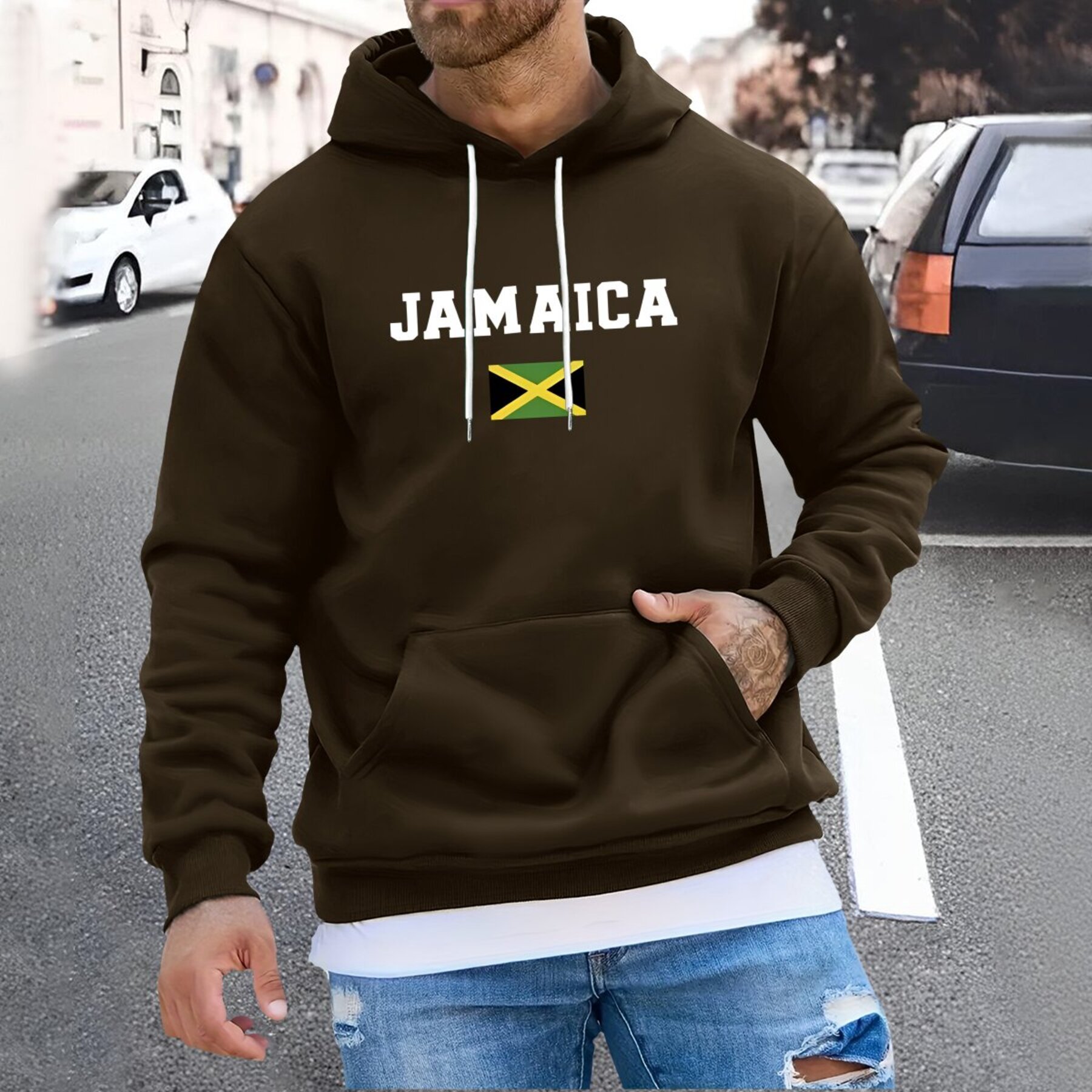 

Men's Jamaica Print Hoodie, Casual Pullover With Hood And Pocket, Polyester Fabric, Regular Fit, Knit Sweatshirt For Fall/winter